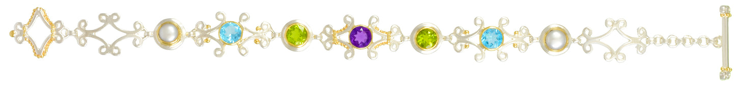 Sterling Silver and 22K Gold Vermeil Bracelet with African Amethyst, Peridot, Baby Blue Topaz and White Freshwater Pearl
