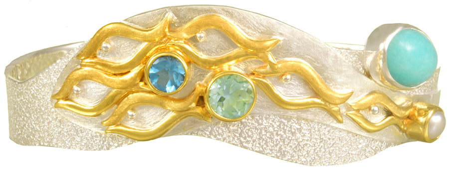Sterling Silver and 22K Gold Vermeil Bracelet with Amazonite, White Freshwater Pearl, Baby Blue Topaz and Sky Blue Topaz