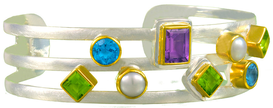 Sterling Silver and 22K Gold Vermeil Bracelet with Amethyst, Baby Blue Topaz, Peridot and White Freshwater Pearl