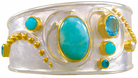 Sterling Silver and 22K Gold Vermeil Bracelet with Larimar, Sky Blue Topaz, Amazonite, Paraiba Topaz, Baby Blue Topaz and White Freshwater Pearl