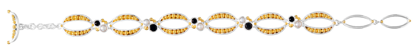 Sterling Silver and 22K Gold Vermeil Bracelet with Onyx and White Freshwater Pearl