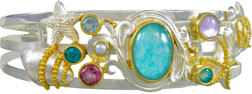 Sterling Silver and 22K Gold Vermeil Bracelet with Paraiba Topaz, Amazonite + checkerboard cut crystal quartz+ Mother of Pearl