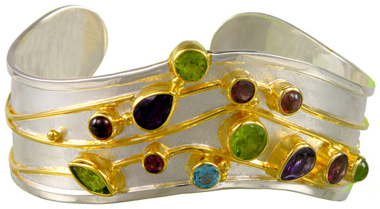 Sterling Silver and 22K Gold Vermeil Bracelet with Peridot, African Amethyst, Rhodolite Garnet and Baby Blue Topaz
