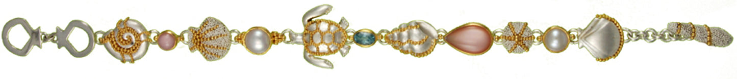 Sterling Silver and 22K Gold Vermeil Bracelet with Pink Mussel, Baby Blue Topaz and White Freshwater Pearl