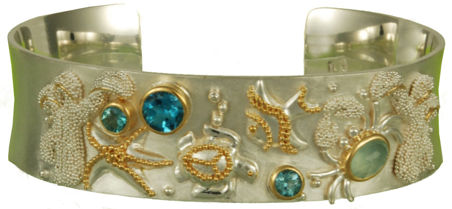 Sterling Silver and 22K Gold Vermeil Bracelet with Teal Topaz, Swiss Blue Topaz and Peruvian Calcite
