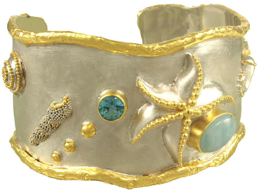 Sterling Silver and 22K Gold Vermeil Bracelet with Teal Topaz and Aquamarine