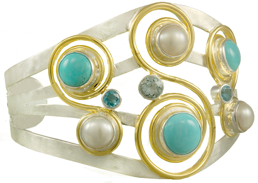 Sterling Silver and 22K Gold Vermeil Bracelet with Turquoise, White Pearl, Sky Blue Topaz and Amethyst