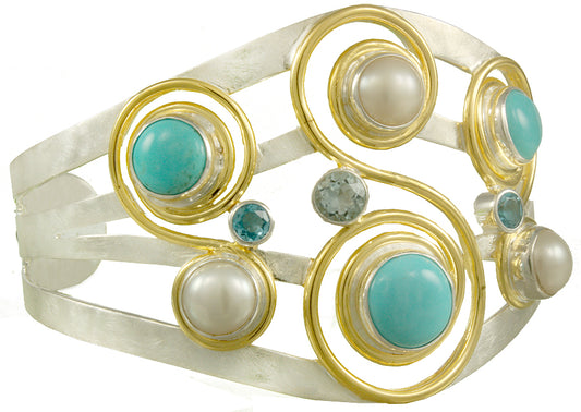 Sterling Silver and 22K Gold Vermeil Bracelet with Turquoise, White Pearl, Sky Blue Topaz and Amethyst