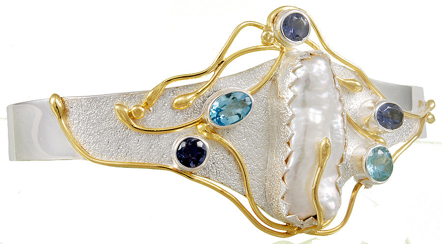 Sterling Silver and 22K Gold Vermeil Bracelet with White Freshwater Pearl, Baby Blue Topaz and Iolite