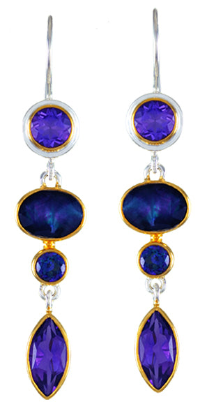 Sterling Silver and 22K Gold Vermeil Earring with African Amethyst, Mother of Pearl + onyx + checkerboard cut crystal quartz and Trendy Solo Topaz