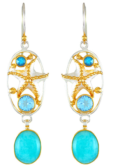 Sterling Silver and 22K Gold Vermeil Earring with Amazonite, Baby Blue Topaz and Sky Blue Topaz