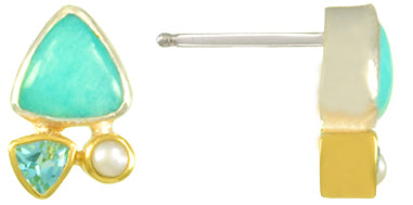 Sterling Silver and 22K Gold Vermeil Earring with Amazonite, Baby Blue Topaz and White Freshwater Pearl