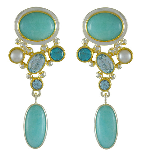 Sterling Silver and 22K Gold Vermeil Earring with Amazonite, White Freshwater Pearl, Paraiba Topaz, Sky Blue Topaz and Baby Blue Topaz