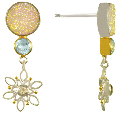 Sterling Silver and 22K Gold Vermeil Earring with Aurora Druzy, Sky Blue Topaz and White Topaz