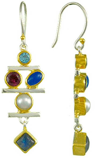 Sterling Silver and 22K Gold Vermeil Earring with Baby Blue Topaz, Rhodolite Garnet, Blue Agate, Blue Rainbow Moonstone and White Freshwater Pearl
