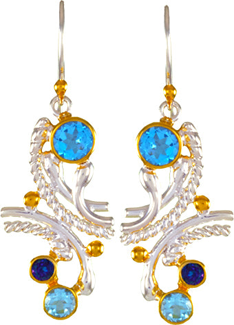 Sterling Silver and 22K Gold Vermeil Earring with Baby Blue Topaz, Sky Blue Topaz and Trendy Solo Topaz