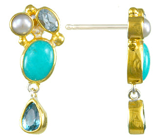 Sterling Silver and 22K Gold Vermeil Earring with Baby Blue Topaz, Sky Blue Topaz and White Freshwater Pearl