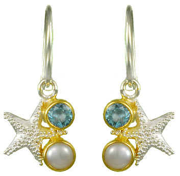 Sterling Silver and 22K Gold Vermeil Earring with Baby Blue Topaz and White Freshwater Pearl