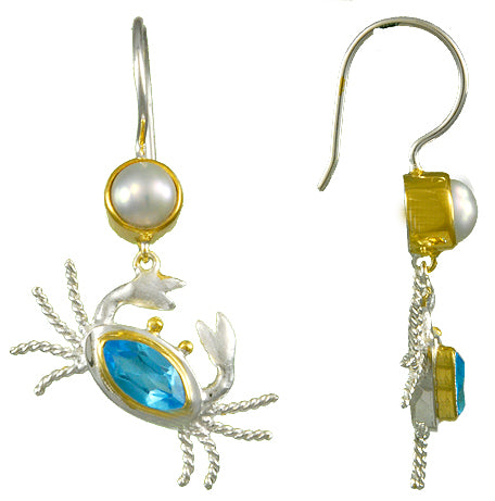 Sterling Silver and 22K Gold Vermeil Earring with Baby Blue Topaz and White Freshwater Pearl