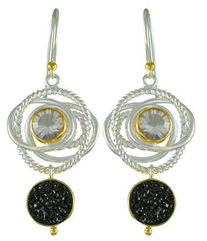 Sterling Silver and 22K Gold Vermeil Earring with Black Druzy and Ice Quartz