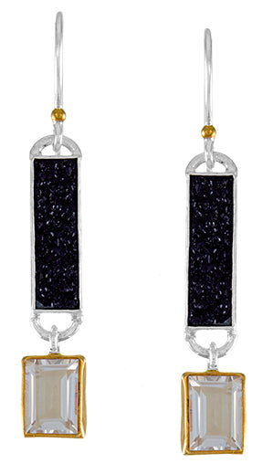 Sterling Silver and 22K Gold Vermeil Earring with Black Druzy and White Quartz
