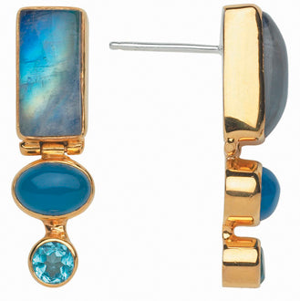 Sterling Silver and 22K Gold Vermeil Earring with Blue Rainbow Moonstone, Blue Agate and Baby Blue Topaz