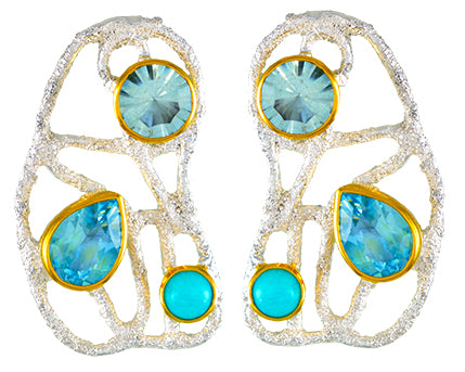 Sterling Silver and 22K Gold Vermeil Earring with Green Amethyst, Sky Blue Topaz and Amazonite