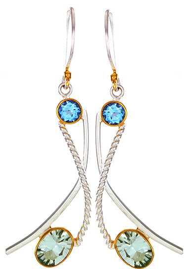 Sterling Silver and 22K Gold Vermeil Earring with Green Amethyst and Sky Blue Topaz