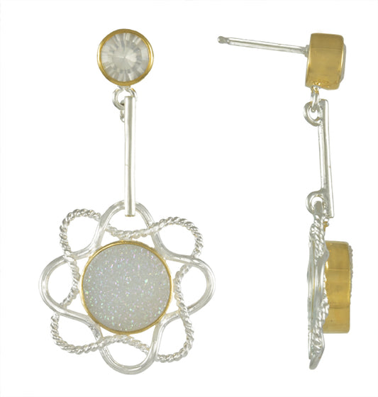 Sterling Silver and 22K Gold Vermeil Earring with Ice Quartz and Aurora Druzy
