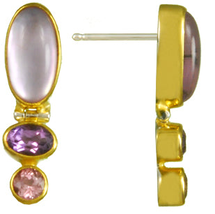 Sterling Silver and 22K Gold Vermeil Earring with Imperial Pink Topaz, Amethyst and Rose De France + Mother of Pearl