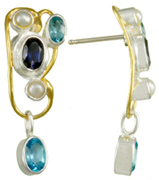 Sterling Silver and 22K Gold Vermeil Earring with Iolite, Baby Blue Topaz and White Freshwater Pearl