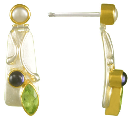 Sterling Silver and 22K Gold Vermeil Earring with Iolite, Peridot and White Freshwater Pearl