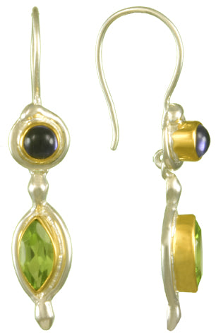 Sterling Silver and 22K Gold Vermeil Earring with Iolite and Peridot
