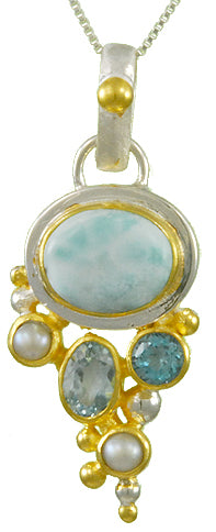 Sterling Silver and 22K Gold Vermeil Earring with Larimar, White Freshwater Pearl, Sky Blue Topaz and Baby Blue Topaz