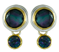 Sterling Silver and 22K Gold Vermeil Earring with Mother of Pearl + onyx + checkerboard cut crystal quartz and Trendy Solo Topaz