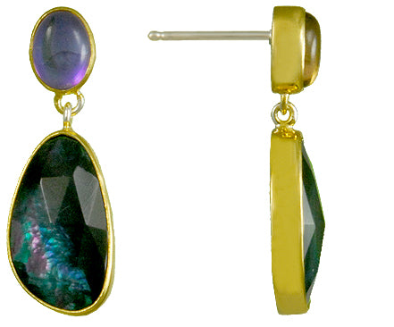 Sterling Silver and 22K Gold Vermeil Earring with Mystic Fire Quartz and Mother of Pearl + onyx + white quartz
