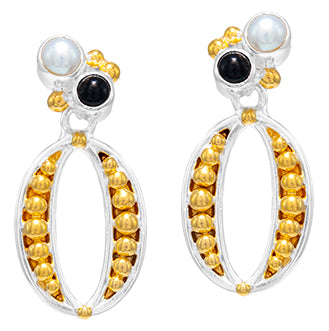 Sterling Silver and 22K Gold Vermeil Earring with Onyx and White Freshwater Pearl