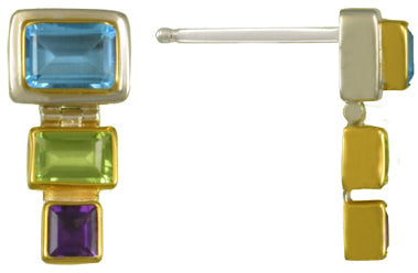 Sterling Silver and 22K Gold Vermeil Earring with Peridot, African Amethyst and Baby Blue Topaz