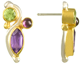 Sterling Silver and 22K Gold Vermeil Earring with Peridot, African Amethyst and Rhodolite Garnet