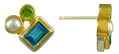 Sterling Silver and 22K Gold Vermeil Earring with Peridot, White Freshwater Pearl and Baby Blue Topaz
