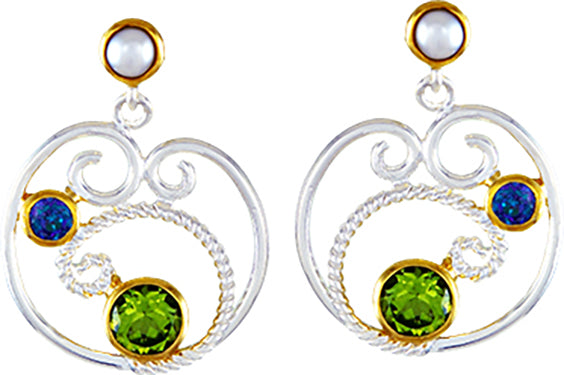 Sterling Silver and 22K Gold Vermeil Earring with Peridot, White Freshwater Pearl and Trendy Solo Topaz