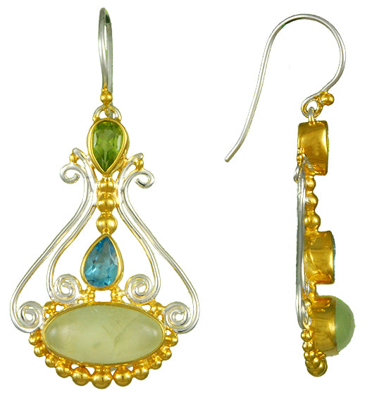 Sterling Silver and 22K Gold Vermeil Earring with Prehnite, Baby Blue Topaz and Peridot