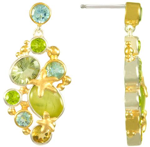 Sterling Silver and 22K Gold Vermeil Earring with Prehnite, Green Amethyst, Sky Blue Topaz, Peridot and Lemon Quartz