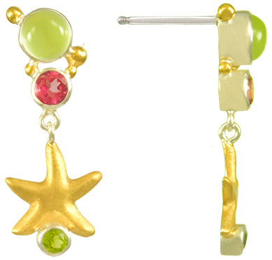 Sterling Silver and 22K Gold Vermeil Earring with Prehnite, Imperial Pink Topaz and Peridot