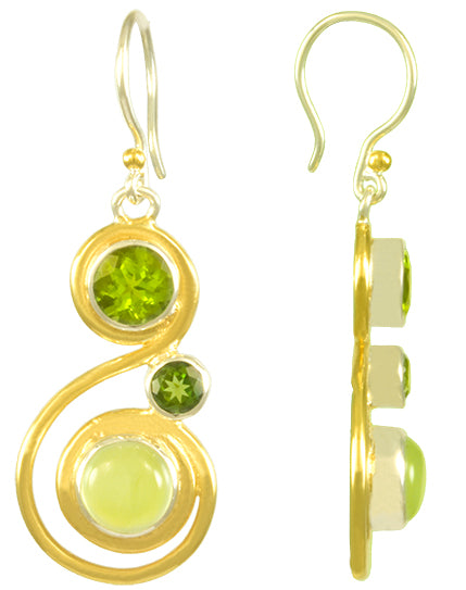 Sterling Silver and 22K Gold Vermeil Earring with Prehnite, Peridot and Envy Topaz