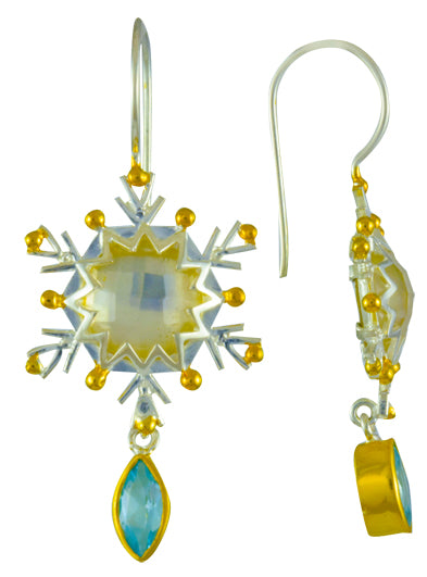 Sterling Silver and 22K Gold Vermeil Earring with Quartz + Mother of Pearl and Sky Blue Topaz