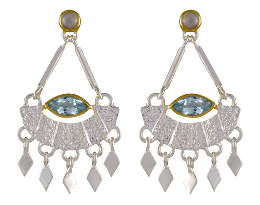 Sterling Silver and 22K Gold Vermeil Earring with Rainbow Moonstone and Sky Blue Topaz