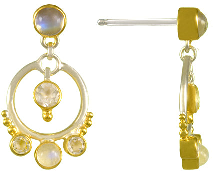 Sterling Silver and 22K Gold Vermeil Earring with Rainbow Moonstone and White Topaz