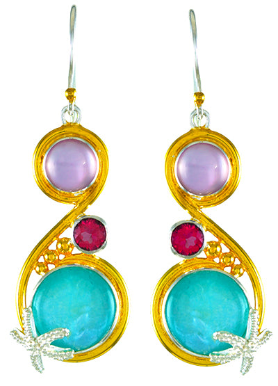 Sterling Silver and 22K Gold Vermeil Earring with Rose De France + Mother of Pearl, Imperial Pink Topaz and Amazonite + checkerboard cut crystal quartz+ Mother of Pearl