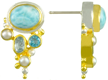 Sterling Silver and 22K Gold Vermeil Earring with Sky Blue Topaz, Larimar, Baby Blue Topaz and White Freshwater Pearl